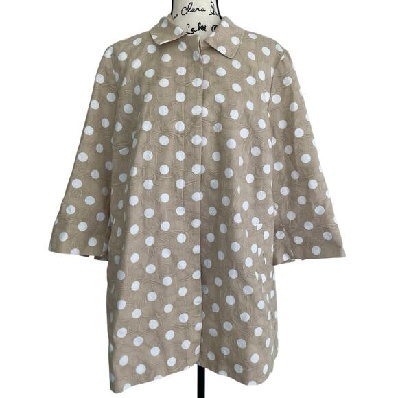 CHICO’S POLKA DOT JACKET TAN/WHITE PLEAT BACK 3/4 SLEEVES 
SZ 16 SOPHISTICATED - Picture 7 of 16